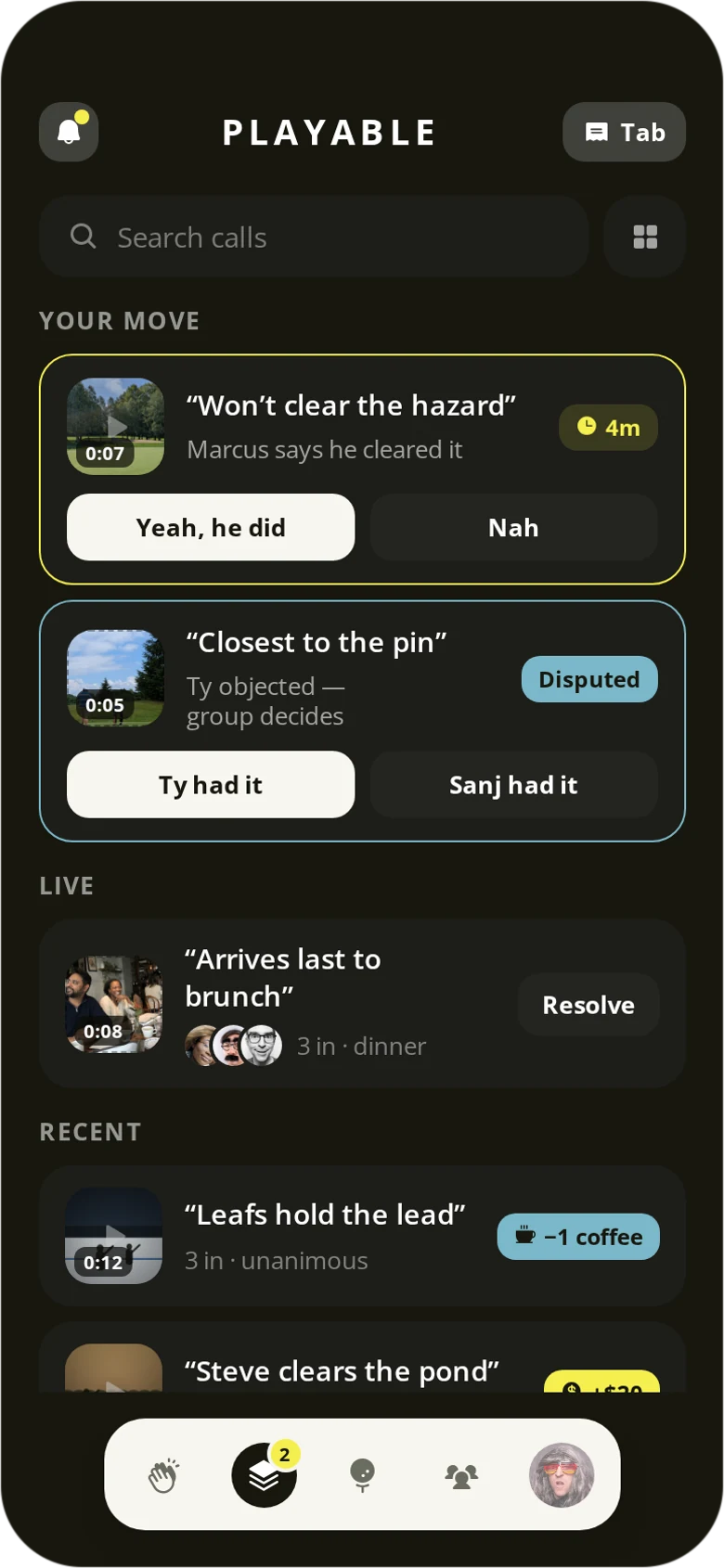 The calls archive, showing live and resolved bets.