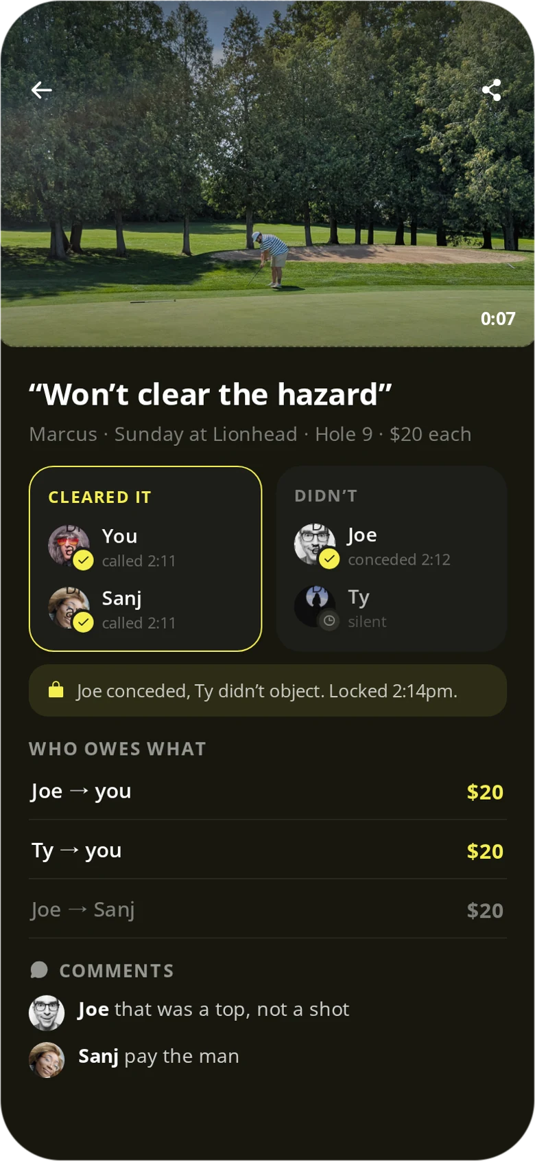 A single call showing sides, votes and the ledger.