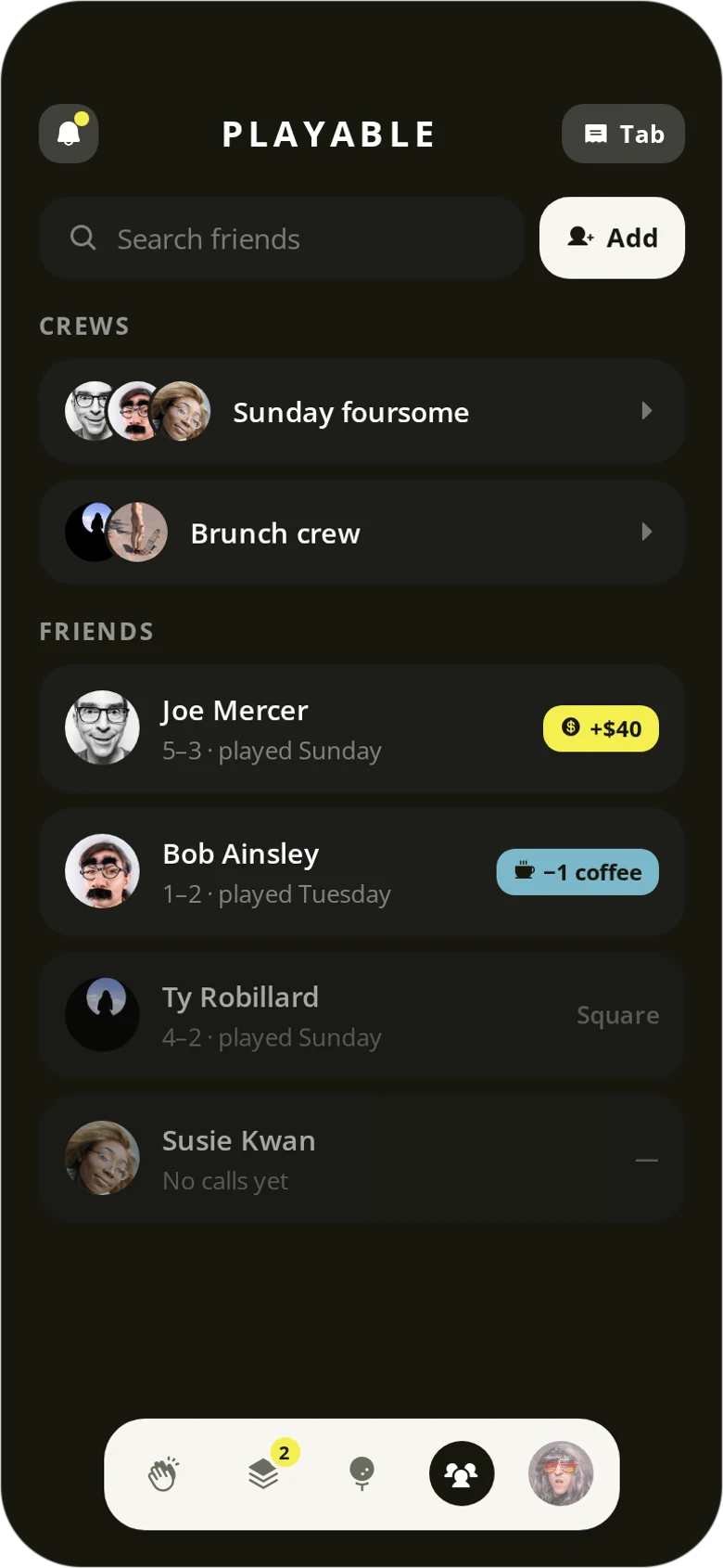 The friends list, with records and running balances.