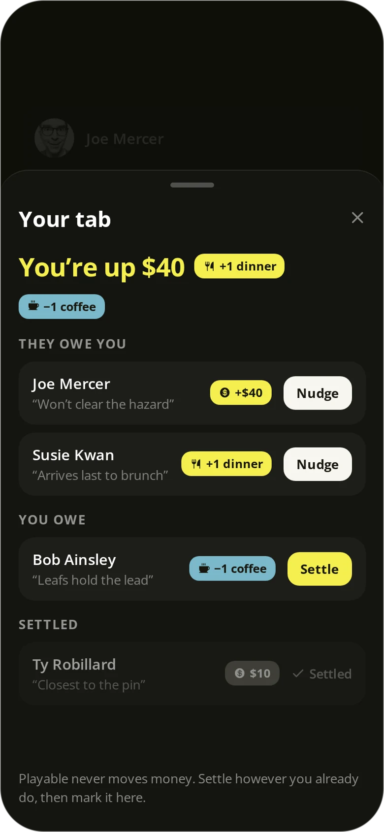 Your tab, showing who owes what.